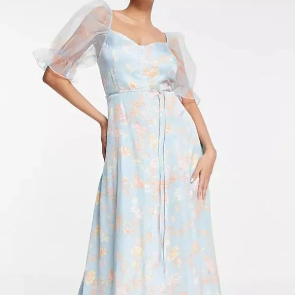 French Connection | Dresses | French Connection Midi Dress In With Puff  Sleeve In Blue Floral Size Us 6 | Poshmark